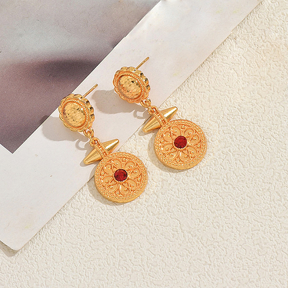 Alloy Rhinestone Stud Dangle Earrings for Women, Flat Round, Golden