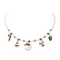 Christmas Tree & Candy Cane & Moon & Deer Alloy Pendant Necklace, Seed & Polymer Clay Beaded Christmas Necklace for Women