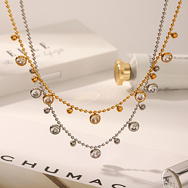 304 Stainless Steel Pave Clear Cubic Zirconia Pendant Necklaces, Flat Round