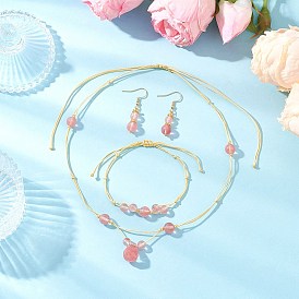 Комплект из круглого вишневого кварцевого стекла с бусинами, браслета и серег, с нейлоновой нитью и 304 крючками для сережек из нержавеющей стали