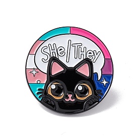 Cat with Word She/They Enamel Pin, Electrophoresis Black Alloy Brooch for Backpack Clothes