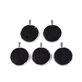 Pendentifs en roche de lave naturelle plaquée électrolytique, Breloques rondes plates en laiton avec bélières à pression en acier inoxydable, couleur inox