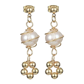 Natural Pearl Dangle Stud Earrings, Brass Wire Wrap Earrings for Woman