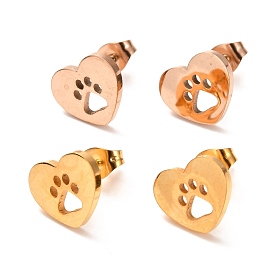 Ion Plating(IP) 304 Stainless Steel Stud Earrings, Heart with Dog Paw Prints