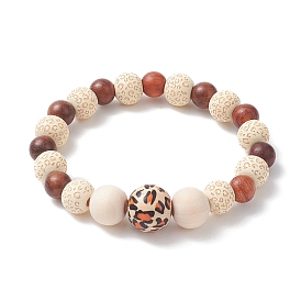 Natural Wood Round Beaded Stretch Bracelet for Women