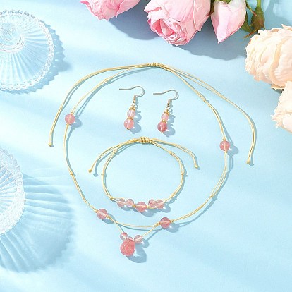 Комплект из круглого вишневого кварцевого стекла с бусинами, браслета и серег, с нейлоновой нитью и 304 крючками для сережек из нержавеющей стали