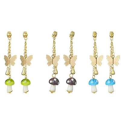Lampwork Mushroom & Brass Butterfly Dangle Stud Earrings, Long Drop Earrings