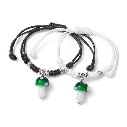 2 pcs 2 ensemble de bracelets à breloques en forme de champignon de couleur, bracelets réglables tressés en cordon de polyester