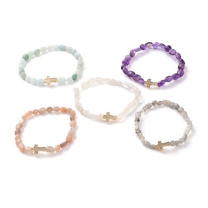 Nuggets Natural Gemstone Stretch Beaded Bracelets, Tumbled Stone, with Brass Micro Pave Cubic Zirconia Cross Beads, Golden