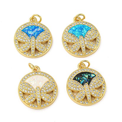 Flat Round with Dragonfly Brass Pendants Micro Pave Cubic Zirconia with Synthetic Opal, with Jump Rings, Cadmium Free & Lead Free, Real 18K Gold Plated