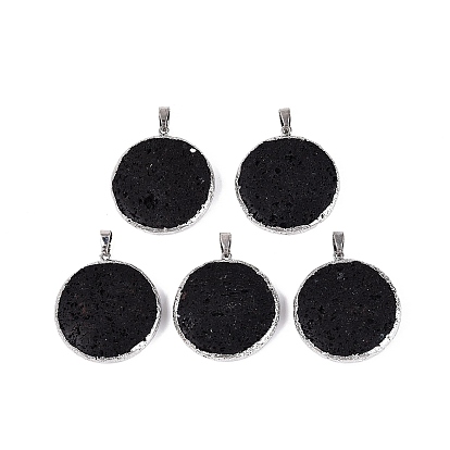Pendentifs en roche de lave naturelle plaquée électrolytique, Breloques rondes plates en laiton avec bélières à pression en acier inoxydable, couleur inox