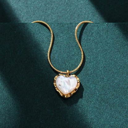 304 Женские ожерелья в форме змеи с подвеской в виде сердца из нержавеющей стали и белой ракушки, ионное покрытие (ip)