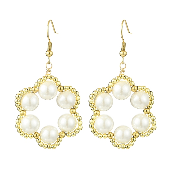 Flower Shell Pearl & Non-magnetic Synthetic Hematite Bead Dangle Earrings