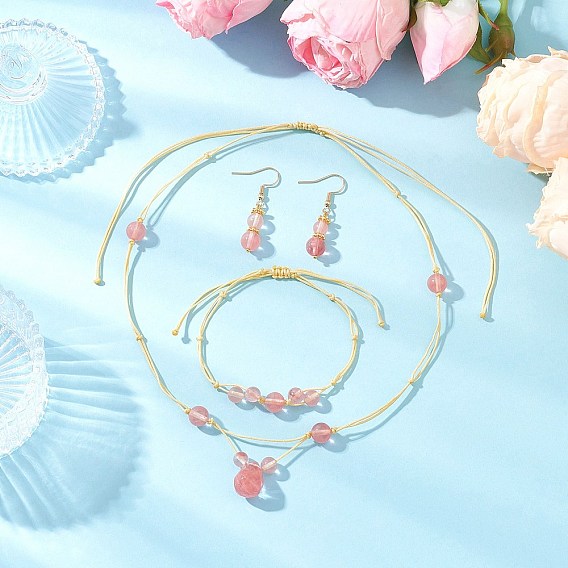 Комплект из круглого вишневого кварцевого стекла с бусинами, браслета и серег, с нейлоновой нитью и 304 крючками для сережек из нержавеющей стали