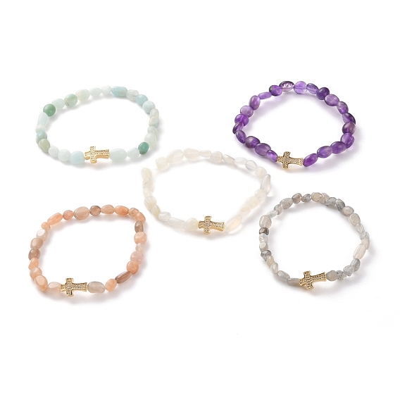 Nuggets Natural Gemstone Stretch Beaded Bracelets, Tumbled Stone, with Brass Micro Pave Cubic Zirconia Cross Beads, Golden