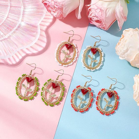 Valentine's Day Alloy Enamel Seed Glass Dangle Earrings, with 304 Stainless Steel Earring Hooks, Flower, Golden