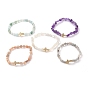 Nuggets Natural Gemstone Stretch Beaded Bracelets, Tumbled Stone, with Brass Micro Pave Cubic Zirconia Cross Beads, Golden