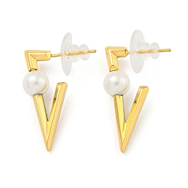 Ion Plating(IP) 304 Stainless Steel Stud Earrings, Round Imitation Pearl Jewelry for Women, V-shaped