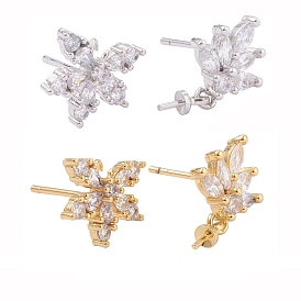 4 Pairs 2 Style Brass Micro Pave Clear Cubic Zirconia Stud Earring Findings, with Cup Pearl Peg Bails, Flower