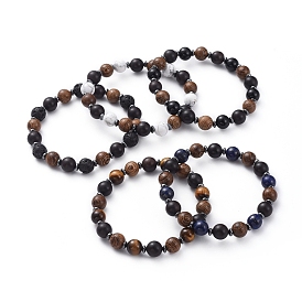 Natural Gemstone Stretch Bracelets, with Non-Magnetic Synthetic Hematite Beads and Wood Beads, Round & Abacus