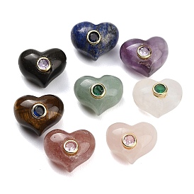 Natural Mixed Gemstone Beads, Heart, with Brass Pave Cubic Zirconia Findings, Golden, Mixed Dyed and Undyed