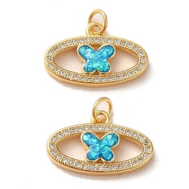 Brass Micro Pave Cubic Zirconia with Synthetic Opal Pendants, with Jump Ring, Oval with Butterfly