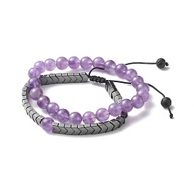 Reiki Crystal Natural Amethyst Beads Stretch Bracelets Set for Girl Women, Arrows Non-magnetic Synthetic Hematite & Natural Lava Rock Braided Bead Bracelets