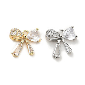 Brass Micro Pave Clear Cubic Zirconia Pendants, with Glass, Bowknot