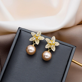 925 Silver Pearl Earrings with Sparkling Diamond Flower - Unique, Elegant, Summer.