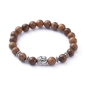 Bracelets élastiques, avec des perles en bois naturel et des perles en alliage de style tibétain, tête de bouddha