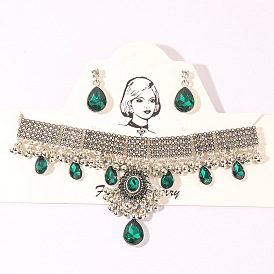 W830 Vintage Water Drop Gem Tassel Earrings Necklace Exaggerated Metal Crystal Set