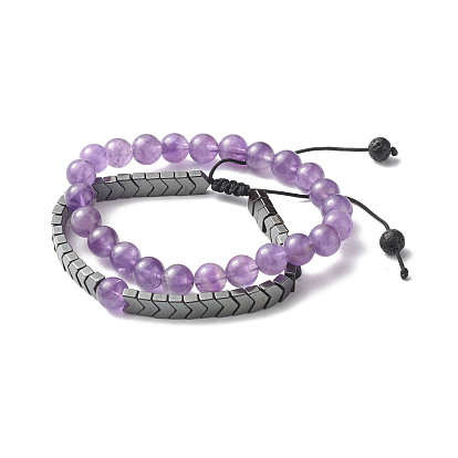 Reiki Crystal Natural Amethyst Beads Stretch Bracelets Set for Girl Women, Arrows Non-magnetic Synthetic Hematite & Natural Lava Rock Braided Bead Bracelets