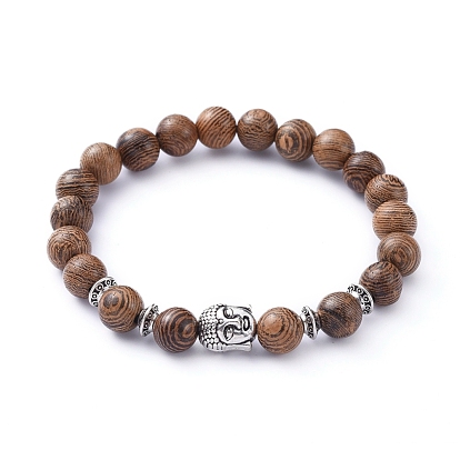 Bracelets élastiques, avec des perles en bois naturel et des perles en alliage de style tibétain, tête de bouddha
