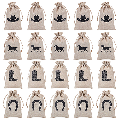20шт. 4 стили ковбойские полиэстеровые упаковочные мешочки, шнурок сумки, прямоугольник с рисунком