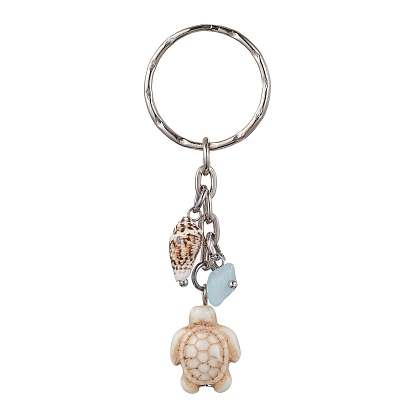 Synthetic Turquoise & Shell Pendant Keychain, with Iron Split Key Rings, Starfish/Sea Turtle/Fish/Dolphin