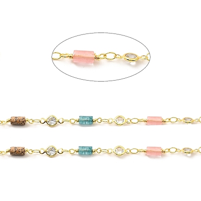 Natural Mixed Gemstone Column & Clear Cubic Zirconia Flat Round Link Chain, with Brass Findings, Soldered, with Spool, Lead Free & Cadmium Free