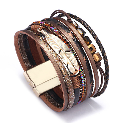 PU Leather Multi-strand Bracelets, with Wax Polyester Cords, Alloy Magnetic Clasp and Rhinestone, Feather