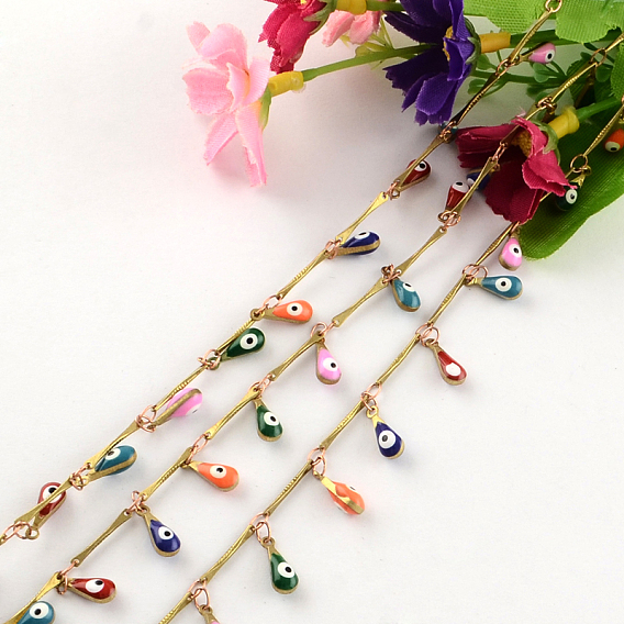 Handmade Brass Teardrop Enamel Beaded Chains, Soldered, with Spool, Evil Eye, Raw(Unplated)