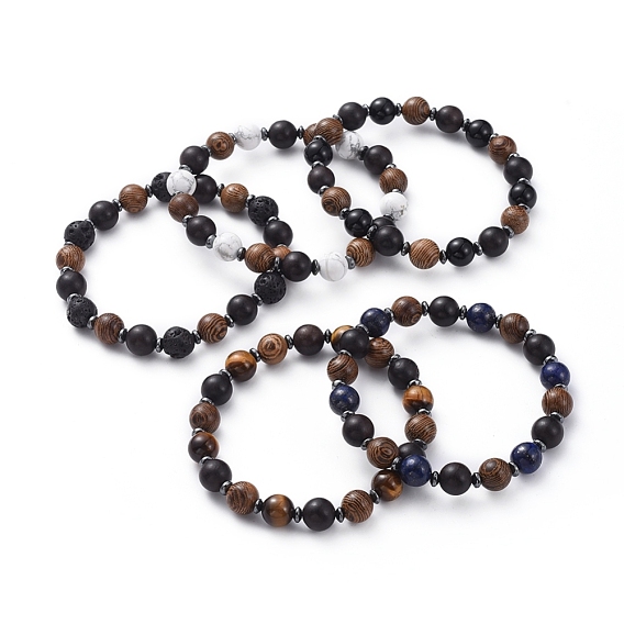 Natürlichen Edelstein Stretch-Armbänder, mit nichtmagnetischen synthetischen Hämatitperlen und Holzperlen, Rund & abacus