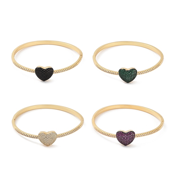 Bracelets à charnière en forme de cœur pour femmes, placage en laiton, micro pavé, zircone cubique, réel 18 k plaqué or, sans cadmium et sans plomb, plaqué longue durée