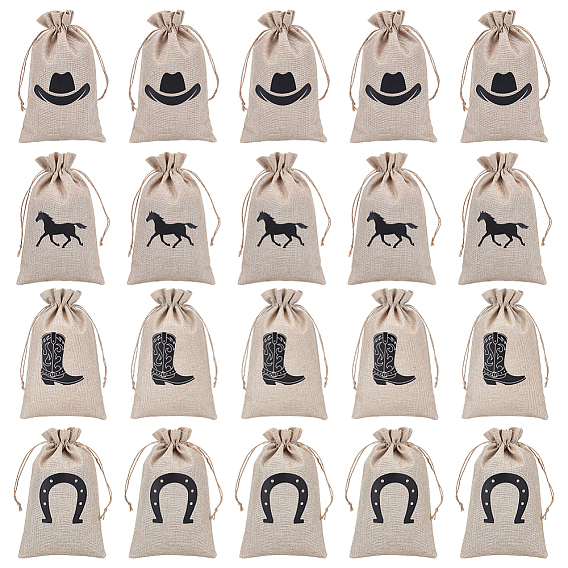 20шт. 4 стили ковбойские полиэстеровые упаковочные мешочки, шнурок сумки, прямоугольник с рисунком