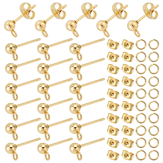 100Pcs 304 Stainless Steel Ball Stud Earring Findings, with Horizontal Loops & 100Pcs Ear Nuts & 100Pcs Open Jump Rings