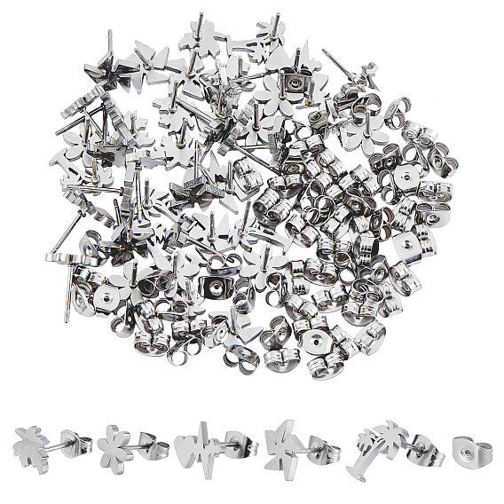 Unisex 304 Stainless Steel Stud Earrings, with Ear Nuts, Mixed Shapes
