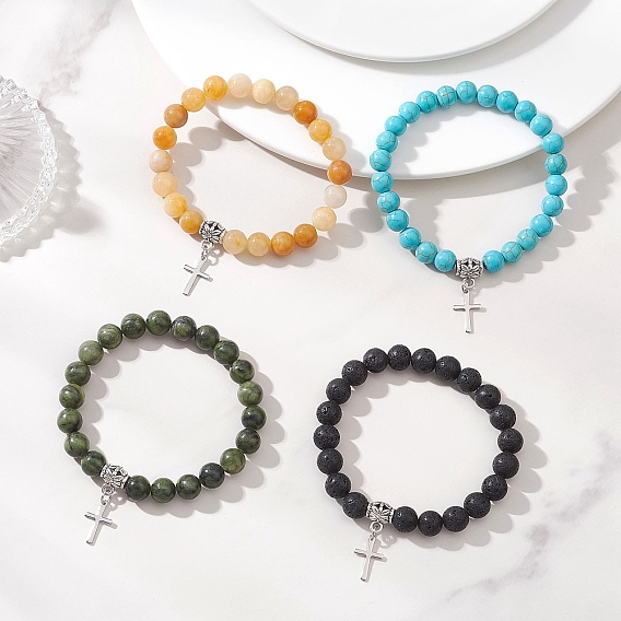 201 из нержавеющей стали шарм браслеты, Браслеты из натуральных и синтетических драгоценных камней, эластичные браслеты для женщин, круглый и крест