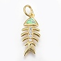 Brass Micro Pave Cubic Zirconia Pendants, with Synthetic Opal, Fishbone
