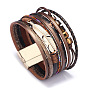 PU Leather Multi-strand Bracelets, with Wax Polyester Cords, Alloy Magnetic Clasp and Rhinestone, Feather