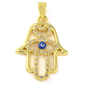 Brass Micro Pave Clear Cubic Zirconia Pendants, with Enamel , Long-Lasting Plated, Hamsa Hand with Evil Eye