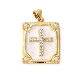 Rack Plating Brass Micro Pave Cubic Zirconia Pendants, Enamel Style, with ABS Imitation Pearl Beads, Cadmium Free & Lead Free, Long-Lasting Plated, Rectangle with Cross