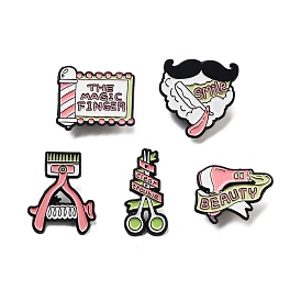 Barber Shop Alloy Enamel Pins Brooches, Razor/Hair Dryer/Roller/Mustache/Scissor, Pink