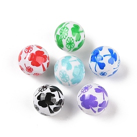 Opaque Acrylic Printed Beads, Round with Flower